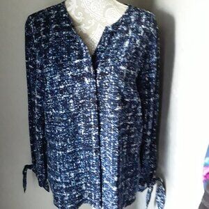 Jones New York blue long tie sleeve high low tunic top size L